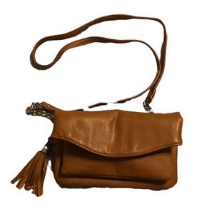 Brown leather crossbody purse.